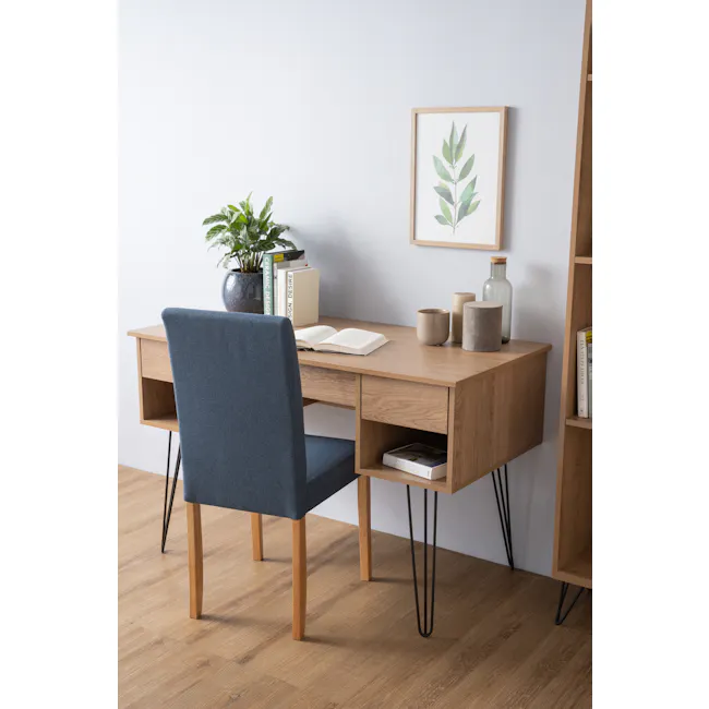 Sandra Study Table 1.2m - Oak - 3 - Wooden desk, blue upholstered chair, minimalist design, modern decor, natural light