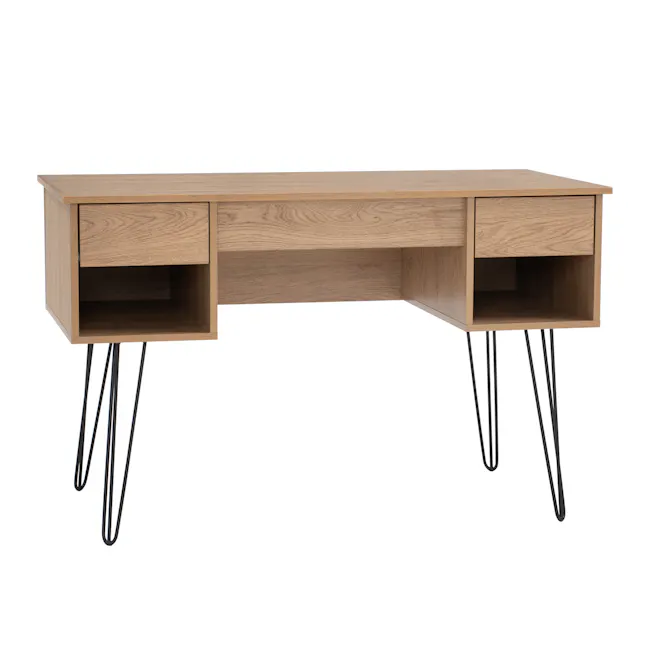 Sandra Study Table 1.2m - Oak - 1 - Wooden desk with open drawers, minimalist design, floating legs, black metal legs