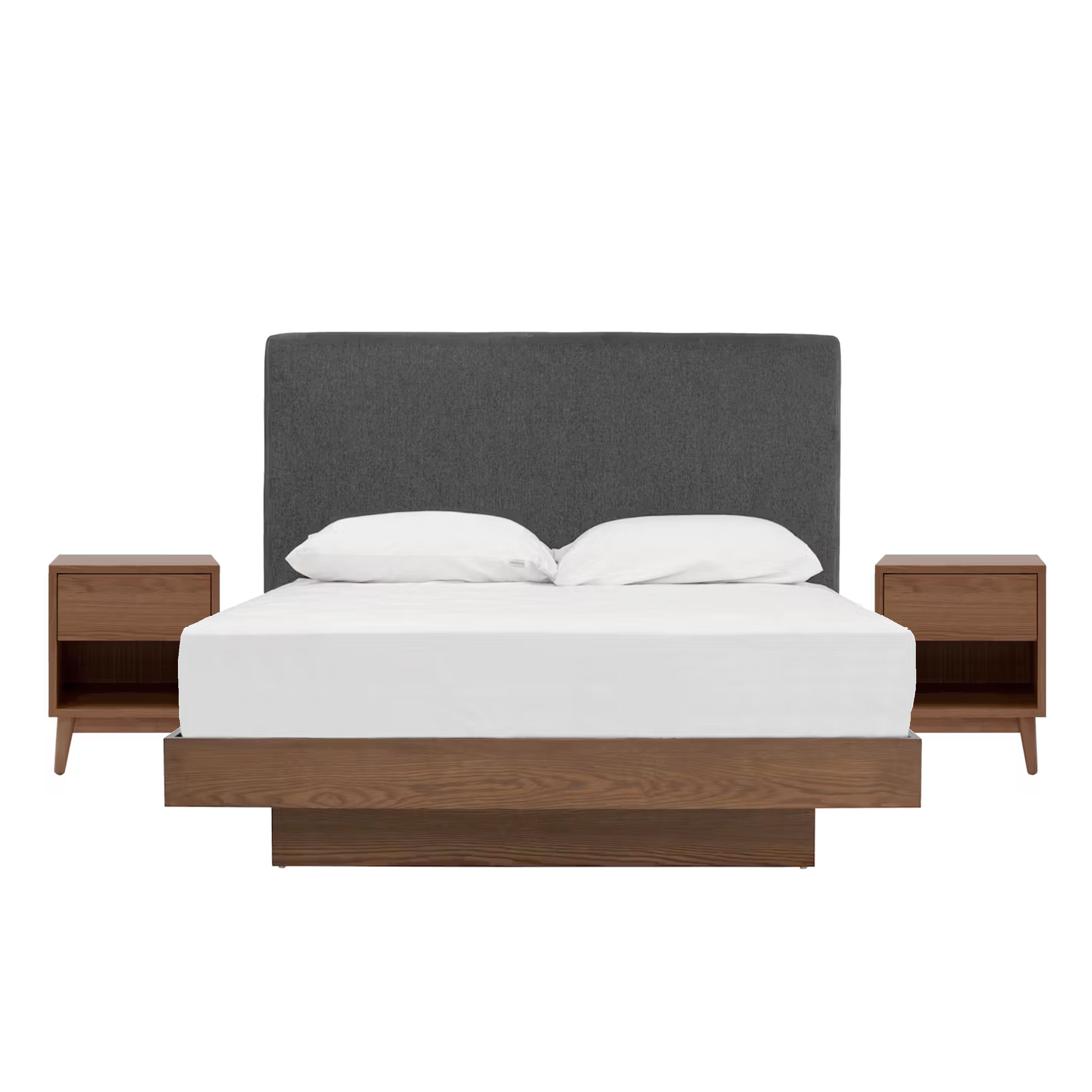 Kenzou Queen Bed in Walnut, Anthracite Grey with 2 Kyoto Top Drawer Bedside Table in Walnut