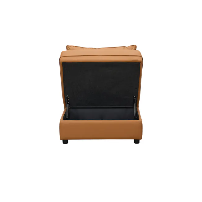 Cameron 4 Seater Sectional Storage Sofa - Tan (Pet Friendly) - 24 - Brown leather sofa with black cushion, open storage