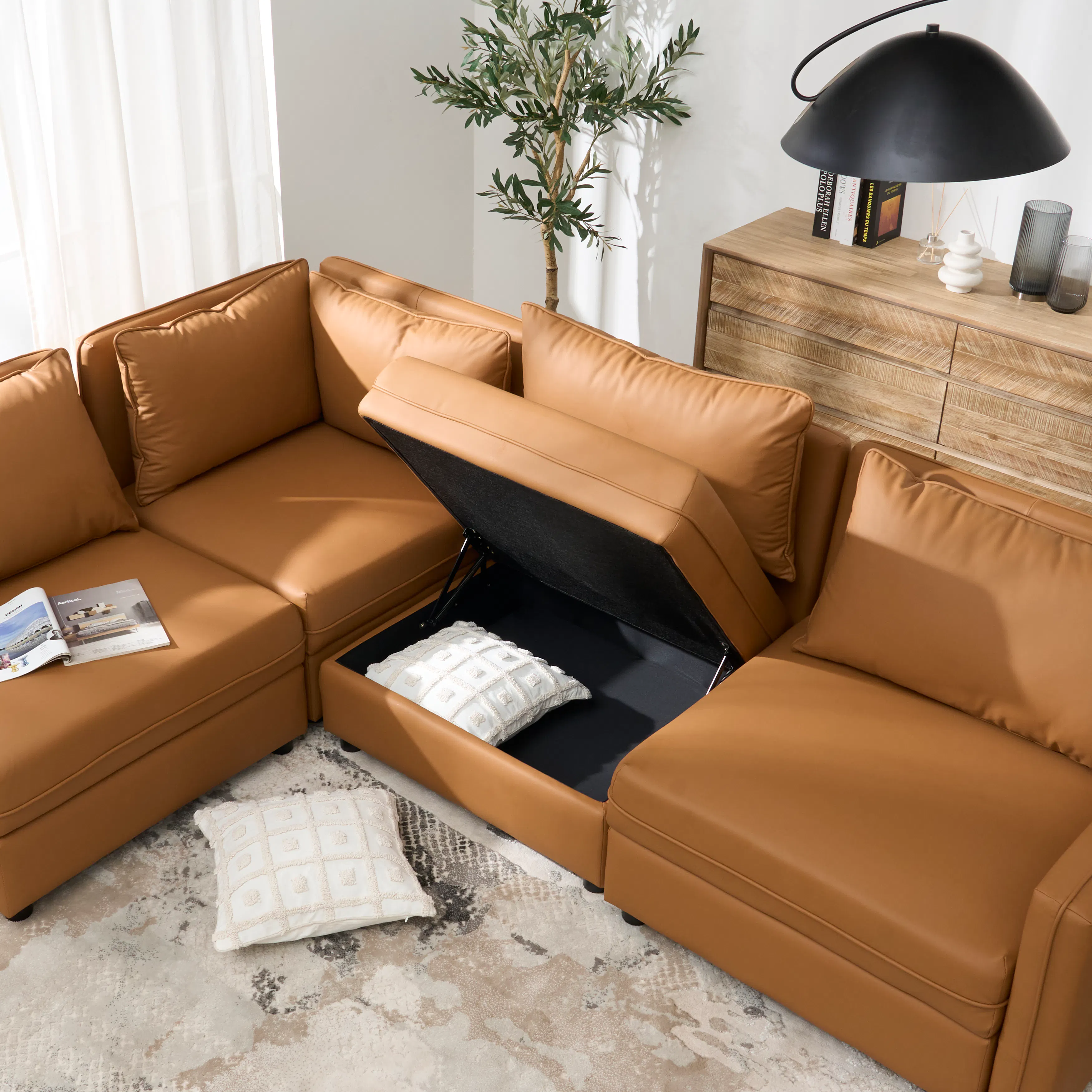 Cameron 4 Seater Storage Sofa - Tan (Pet Friendly) - 19 - Modern brown leather sofa with built-in storage, black storage