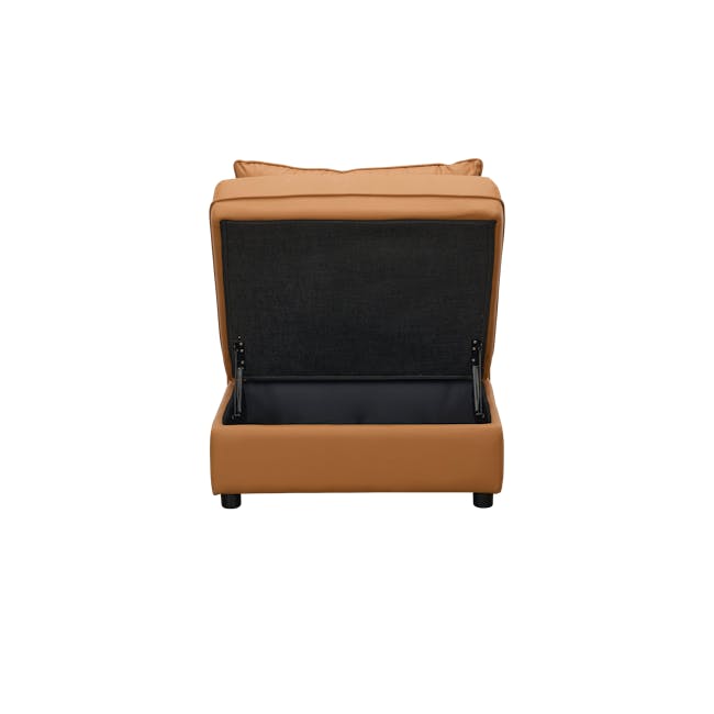 Cameron 4 Seater Storage Sofa - Tan (Pet Friendly) - 24 - Brown leather sofa with black cushion, open storage compartment