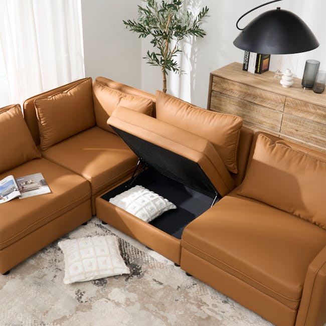 Cameron Large Corner Storage Sofa - Tan (Pet Friendly) - 5 - Modern brown leather sofa with built-in storage, black storage
