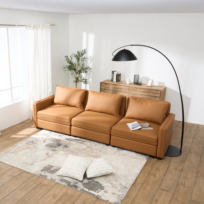 Cameron Storage Armless Unit - Tan (Pet Friendly) - 8 - Modern living room, cozy sofa, brown leather, floor lamp, white