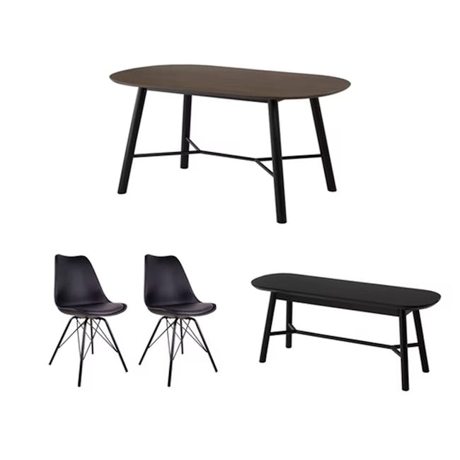 Telyn Oval Dining Table 1.6m with Telyn Bench 1.1m and 2 Axel Chairs in Black, Carbon - 0