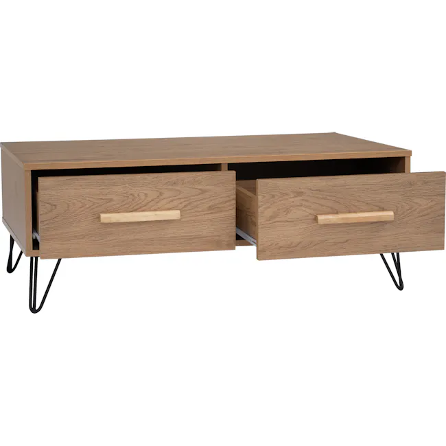 Sandra Coffee Table - Oak - 5 - Wooden side table with drawer handles, minimalist design, natural wood finish, black metal
