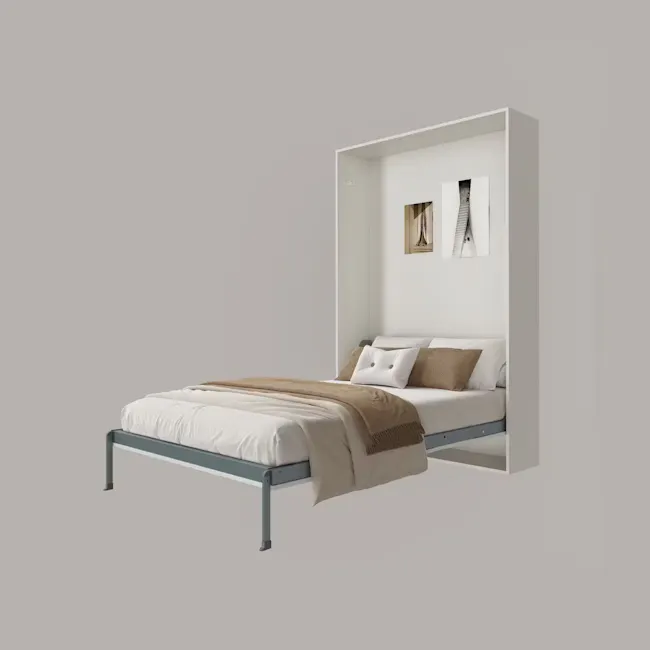Llyod Single Vertical Wall Bed - White - 3 - Modern minimalist bedroom, sleek metal bed frame, white bedding, beige throw