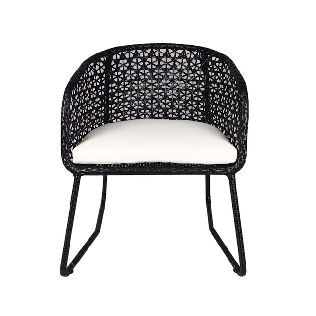 Horizon Patio Set - Cream Cushion - 3 - Woven black chair with intricate lattice design, white cushioned seat, sturdy metal