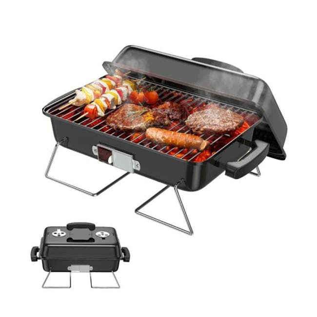 Flame Master BBQ Portable Grill Hamburger - 7 - Electric charcoal grill with four burners, black and silver metal stand