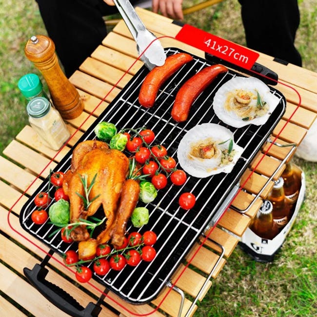 Flame Master BBQ Portable Grill Hamburger - 4 - Grill with roasted chicken, brussels sprouts, cherry tomatoes, and sausages