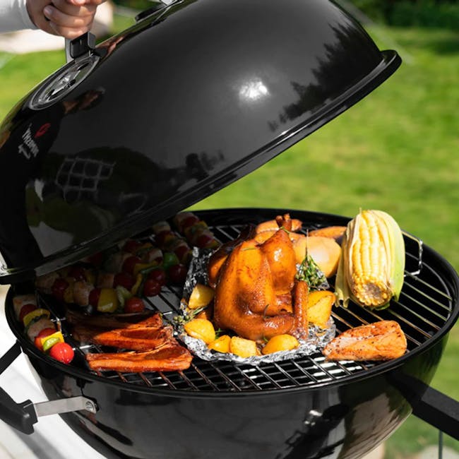 Flame Master Newton BBQ Grill - 9 - Grill, outdoor, barbecue, cooking, roasted chicken, vegetables, corn, foil, aluminum
