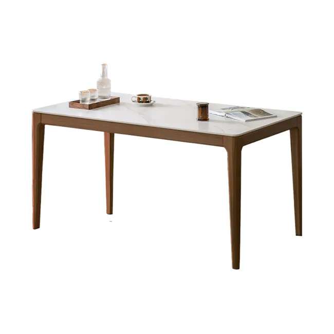 Adelyn Dining Table 1.2m - Walnut (Sintered Stone) - 1 - Modern minimalist table, white marble top, wooden legs, simple