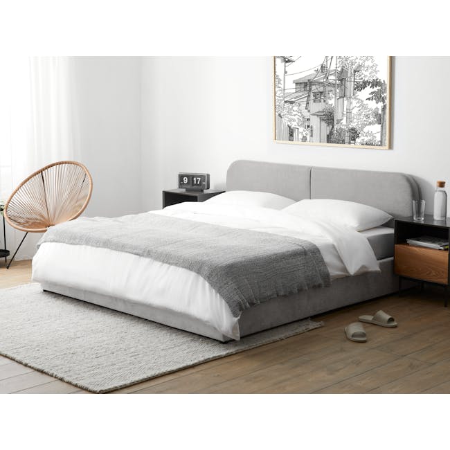 Nolan King Storage Bed in Silver Fox with 2 Asher Narrow Bedside Table - 2 - Modern minimalist bedroom, cozy bed with gray