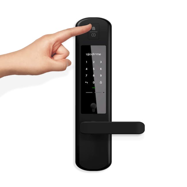 igloohome Smart Mortise 2+ - 7 - Finger presses digital keypad, black door handle, numeric keypad interface, digital lock