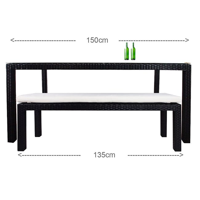 Addison 4 Pc Outdoor Dining Set - White Cushion - 6 - Wicker outdoor bench, 150 cm height, 135 cm width, black and white