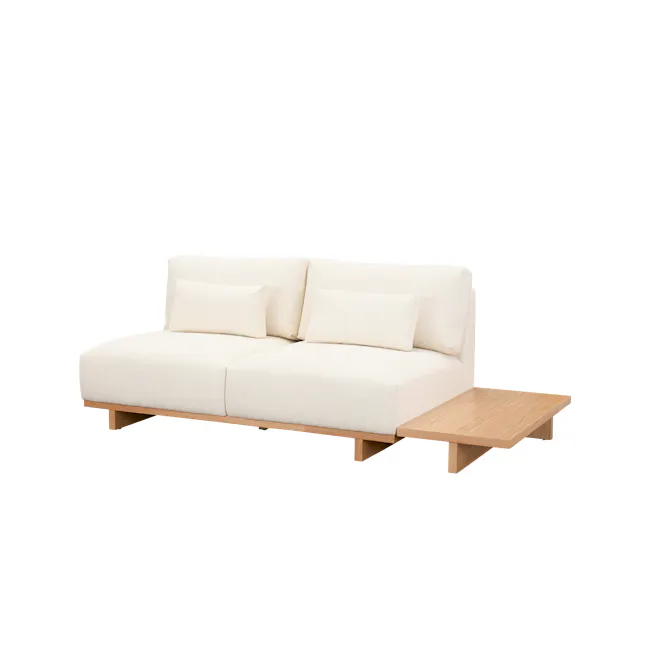Miu 3 Seater Extended Lounge Sofa - 16 - Modern minimalist sofa, light beige upholstery, wooden coffee table, contemporary