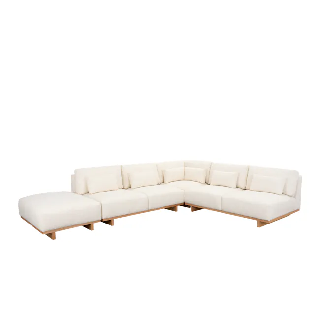 Miu 3 Seater Extended Lounge Sofa - 19 - Modern minimalist sofa, light beige cushions, wooden frame, contemporary design