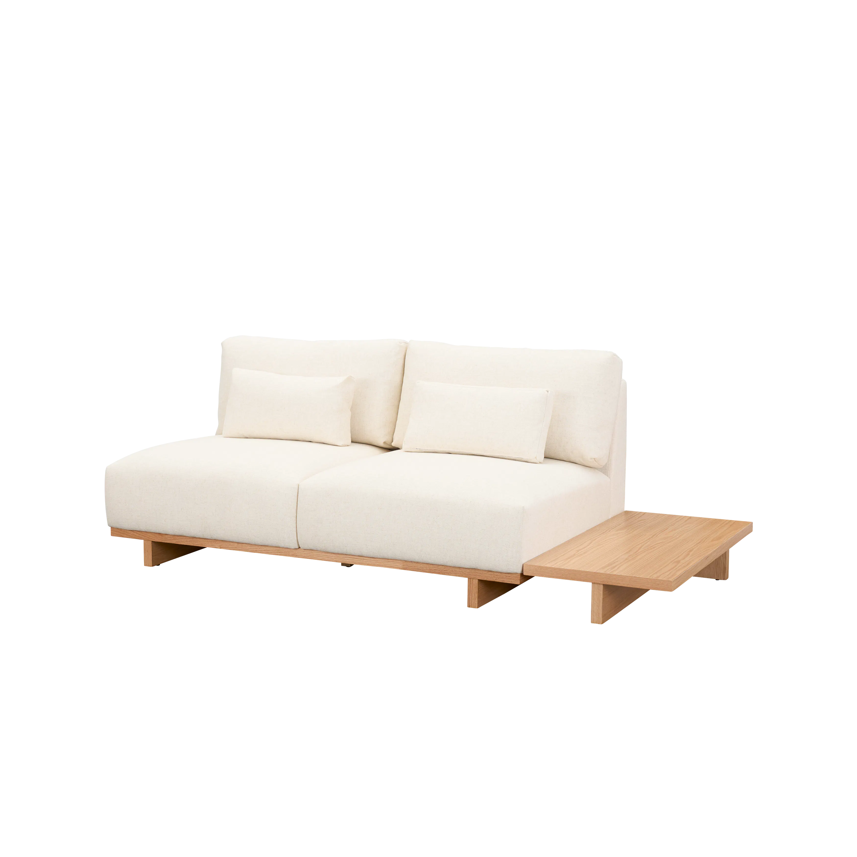 Miu 2 Seater Armless Lounge Sofa - 21 - Modern minimalist sofa, light beige upholstery, wooden coffee table, contemporary