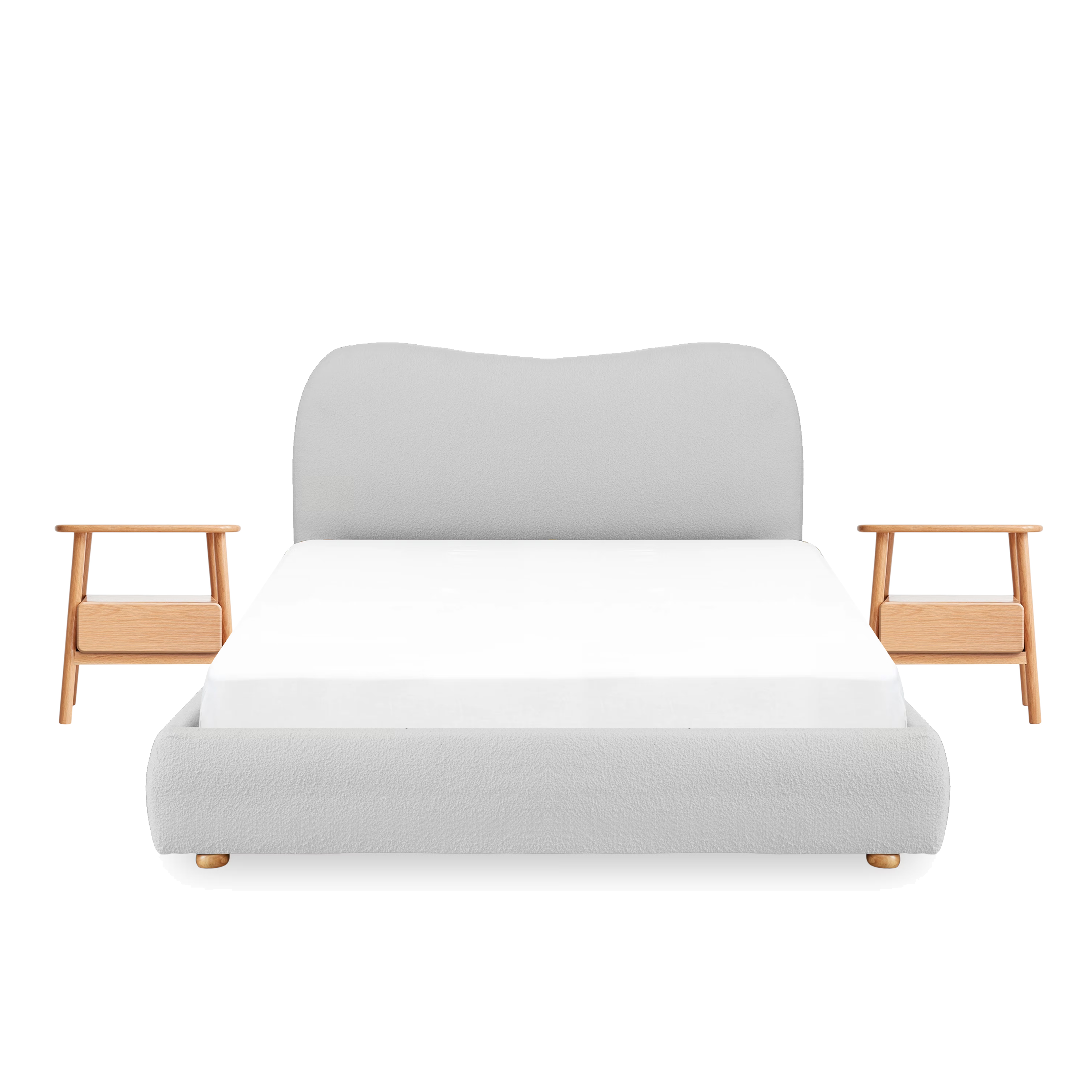 Arianna King Bed in Grey Boucle with 2 Ethan Bedside Table in Oak