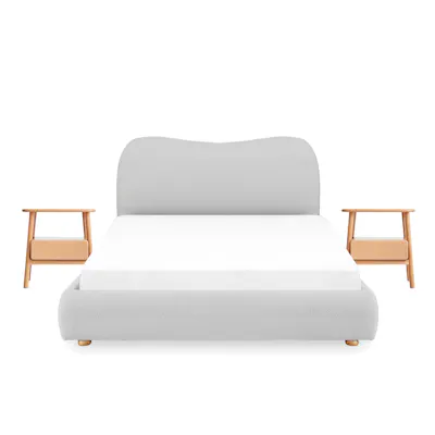 Arianna King Bed in Grey Boucle with 2 Ethan Bedside Table in Oak
