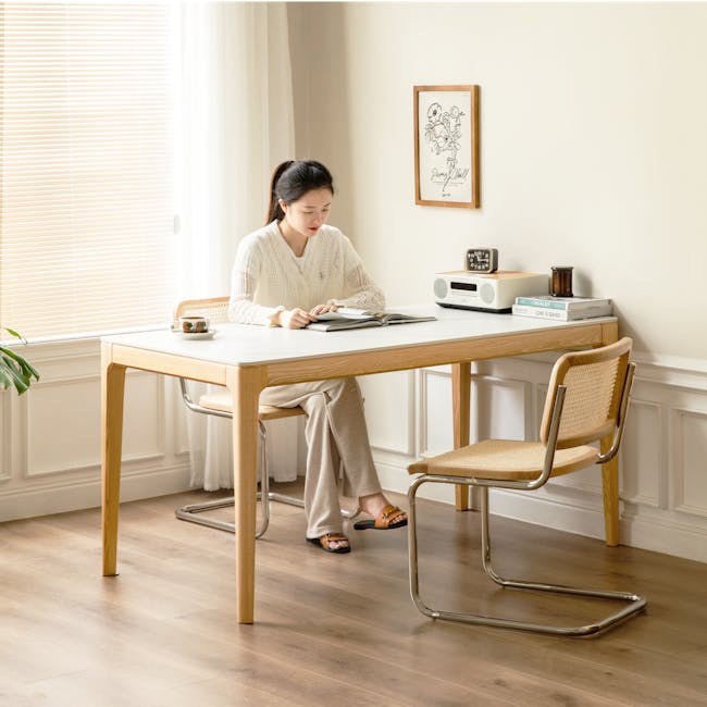Adelyn Dining Table 1.2m (Sintered Stone) with 2 Niel Chairs and Niel Bench 1.05m in Oak - 16 - Light streaming through