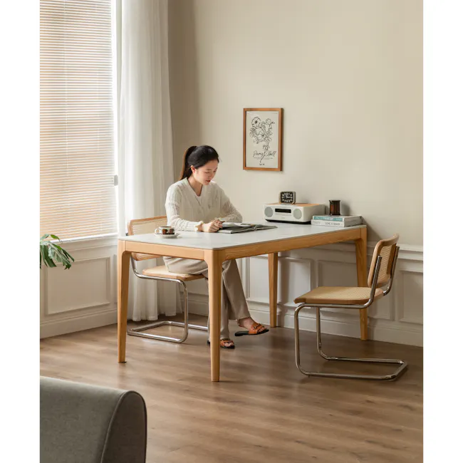 Adelyn Dining Table 1.2m (Sintered Stone) with 4 Niel Chairs in Oak - 19 - Modern minimalist home office, cozy reading nook