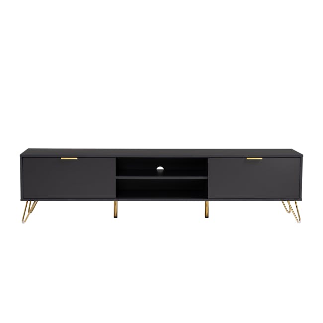 Volos TV Console 1.8m - 1 - Black contemporary TV stand with gold accents, minimalist design, sleek lines, open shelving