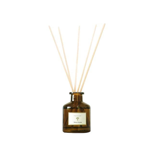 Pristine Aroma Reed Diffuser 50ml - White Freesia (Garden Scent) - 4 - Brown glass bottle, labeled "Pristine White Freesia