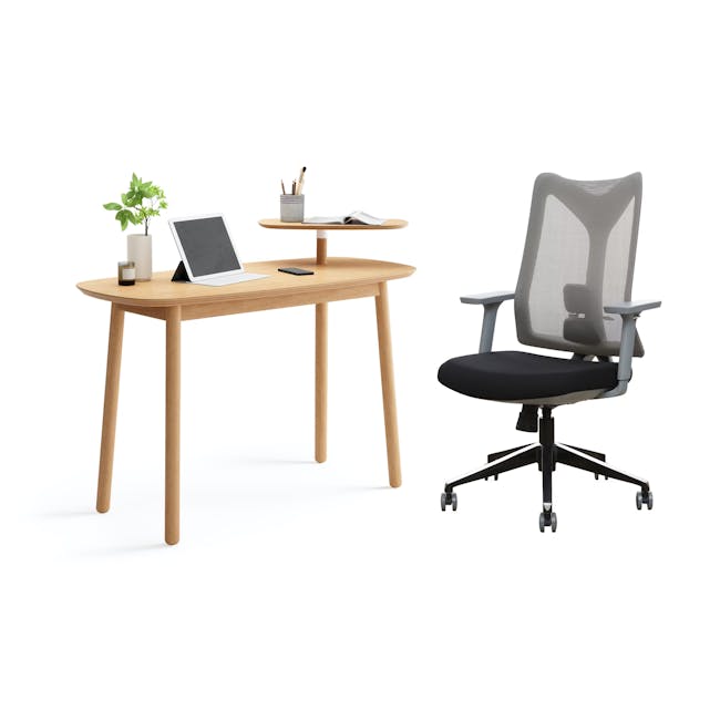 Swivo Table 1.2m - Natural with Damien Mid Back Office Chair - Grey (Waterproof) - 0