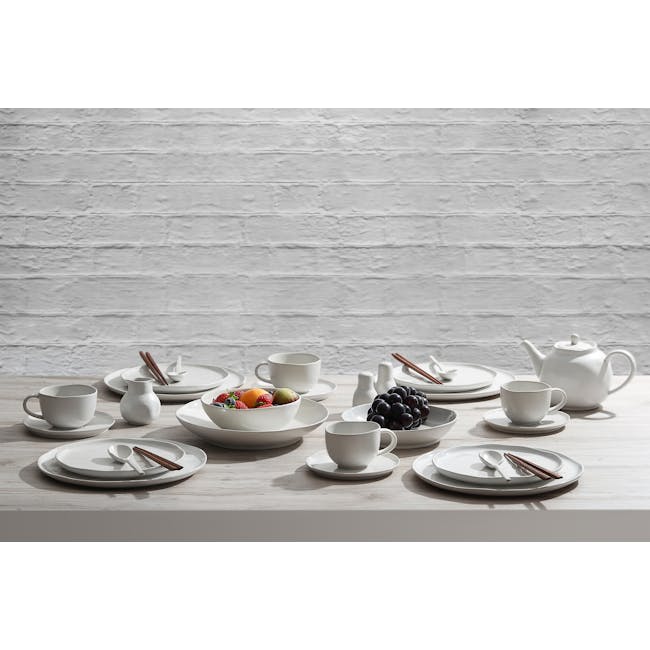 Luzerne Ripple Mug - White Dew - 3 - White ceramic teacups and saucers, bowls of fresh fruit, white ceramic teapot, plates