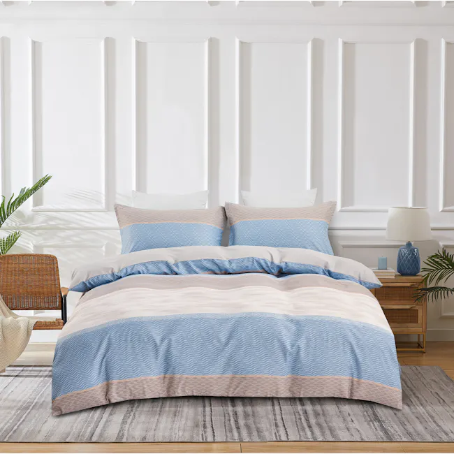 Rye Tencel Plus Bedding Set - King size - 8 - White paneled wall, cozy bedroom, modern decor, blue and beige bedding, wicker