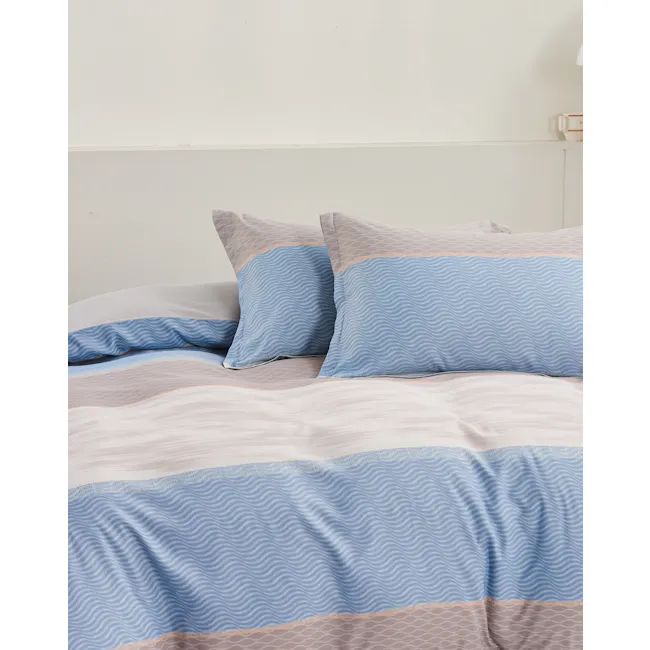 Rye Tencel Plus Bedding Set - King size - 3 - Blue and beige striped bedding, white pillowcases, light blue and brown
