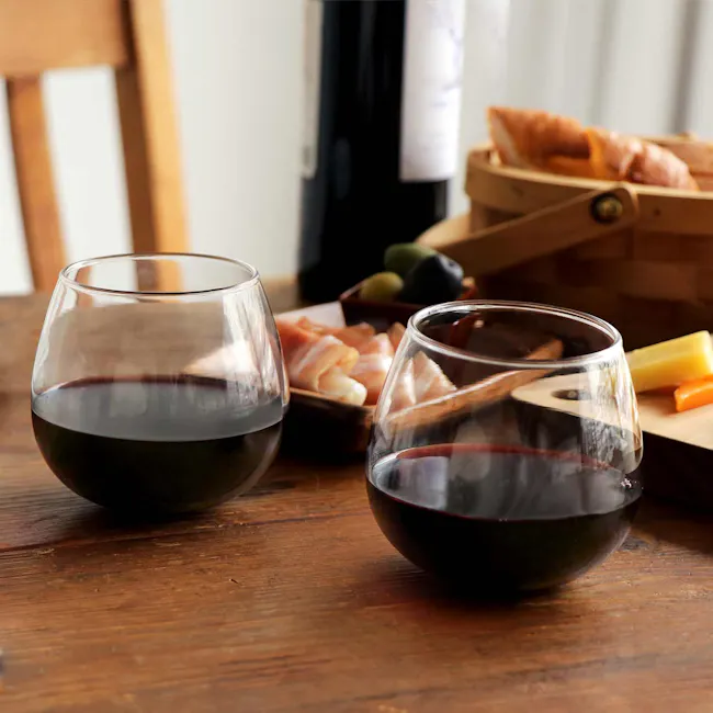 Base Piece Rocking Wine Glass Set - 2 - wine glasses, red wine, table setting, wooden table, rustic charm, elegant ambiance