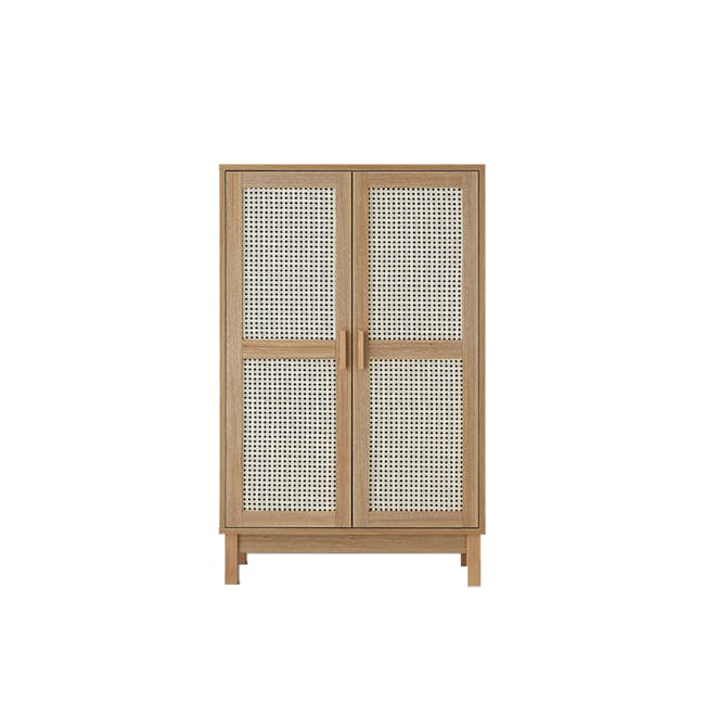 Belig 2 Door Rattan Tall Cabinet with 4 Shelves - 1 - Wooden cabinet with perforated glass doors, minimalist design, natural