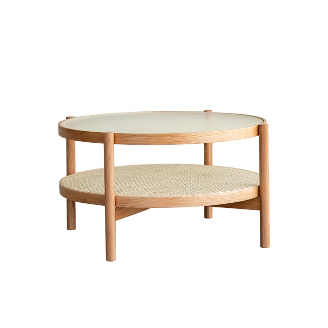 Lilian Rattan Coffee Table - Natural (Glass Tabletop) - 1 - Wooden table with woven seat, minimalist design, round top and