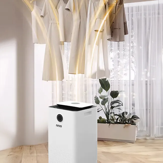NNIO Dehumidifier (2 Choices) - 11 - White air purifier, modern design, natural light, beige trench coat, indoor setting