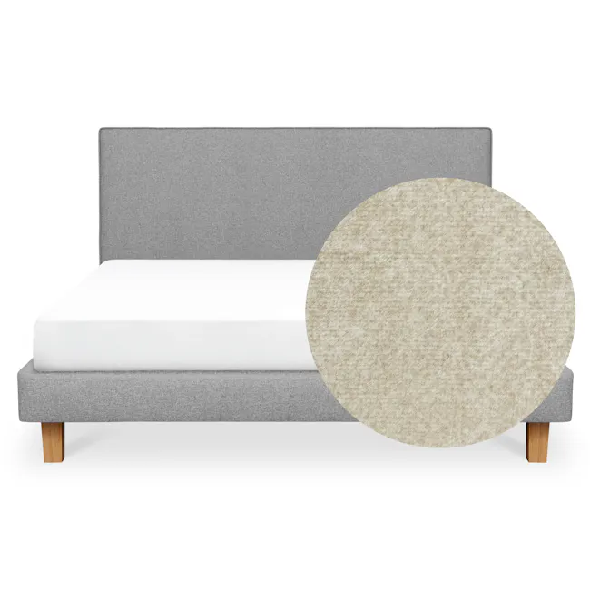 ESSENTIALS King Headboard Divan Bed - Latte (Pet Friendly) - 1 - Grey upholstered bed frame, wooden legs, white mattress