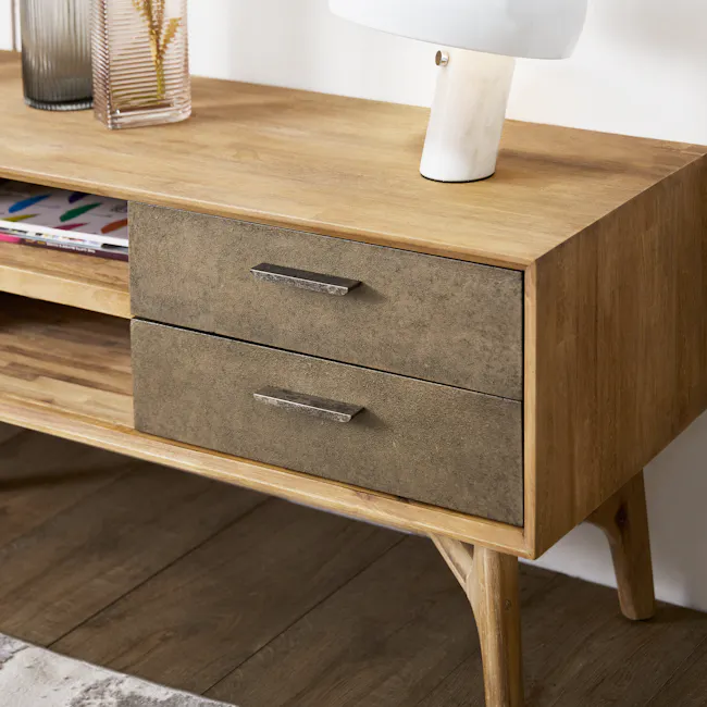 Hudson TV Console 2m - 4 - Wooden side table with two drawers, metallic handles, textured surface, modern design, minimalist