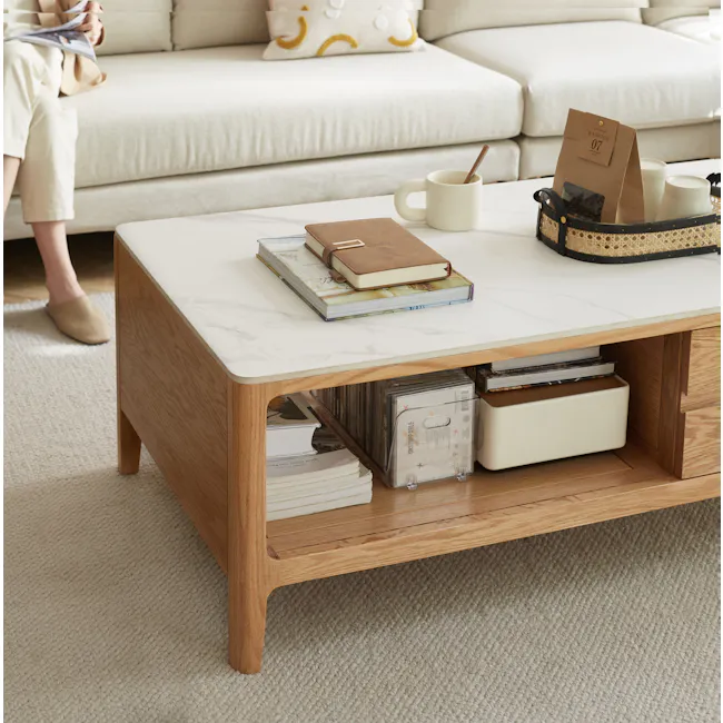 Devin Coffee Table 1.2m (Sintered Stone) - 3 - Light beige sofa, cozy living room, modern decor, white coffee table, brown