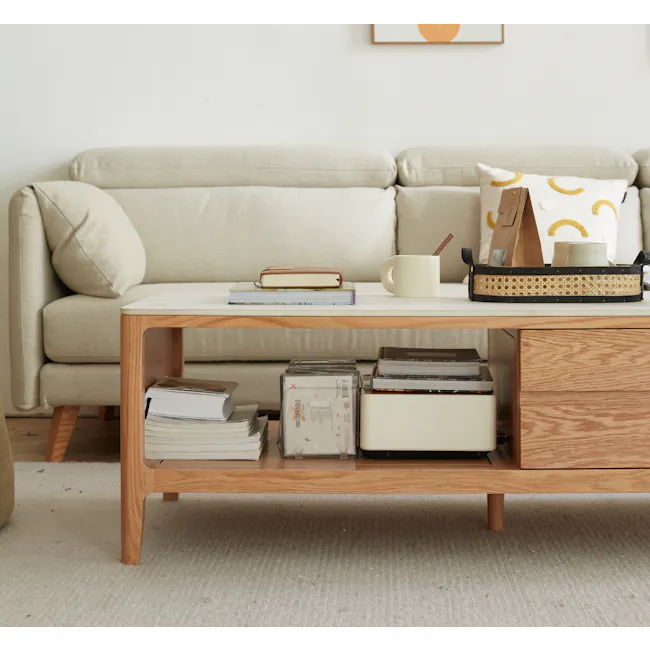 Devin Coffee Table 1.2m (Sintered Stone) - 11 - Light beige sofa, minimalist decor, wooden coffee table, stack of books