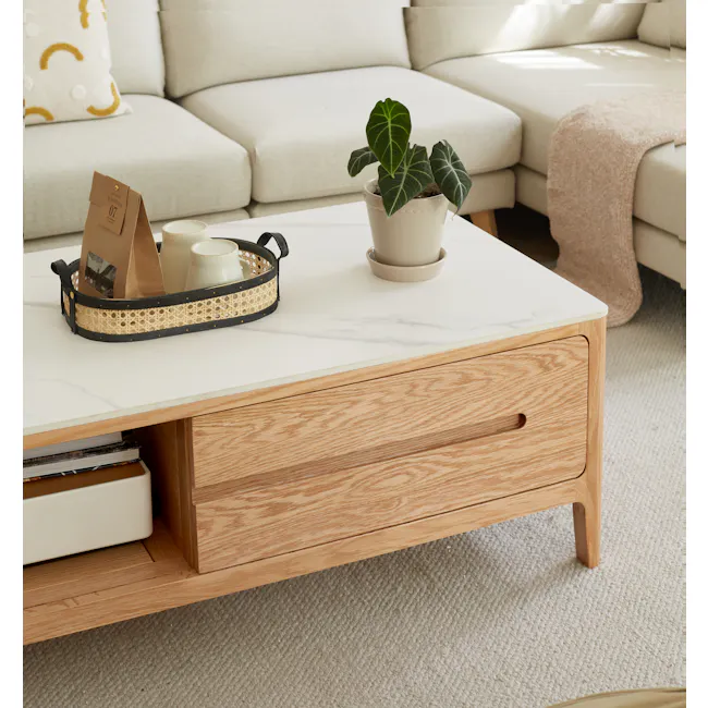 Devin Coffee Table 1.2m (Sintered Stone) - 14 - Light beige sofa, modern coffee table, brown woven basket, white ceramic