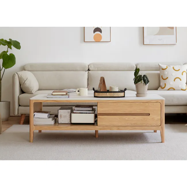 Devin Coffee Table 1.2m (Sintered Stone) - 16 - Light beige sofa, minimalist decor, modern art, white marble coffee table