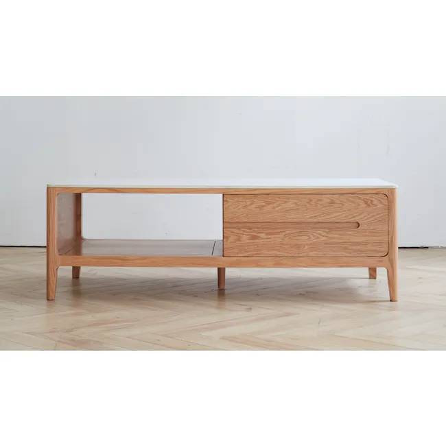 Devin Coffee Table 1.2m (Sintered Stone) - 6 - Wooden side table with white top, minimalist design, light brown wood finish