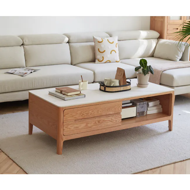 Devin Coffee Table 1.2m (Sintered Stone) - 20 - Light beige sofa, minimalist decor, wooden coffee table, stack of books