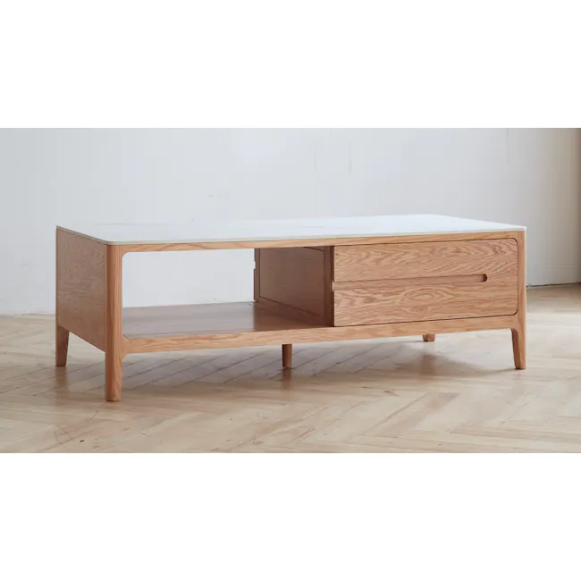 Devin Coffee Table 1.2m (Sintered Stone) - 7 - Wooden side table with marble top, minimalist design, light wooden legs