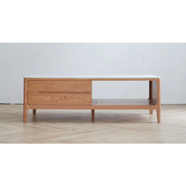 Devin Coffee Table 1.2m (Sintered Stone) - 10 - Wooden side table with white marble top, minimalist design, light wooden