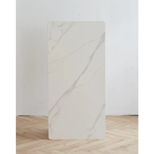 Devin Coffee Table 1.2m (Sintered Stone) - 8 - White marble tile, minimalist design, light wood herringbone pattern, light