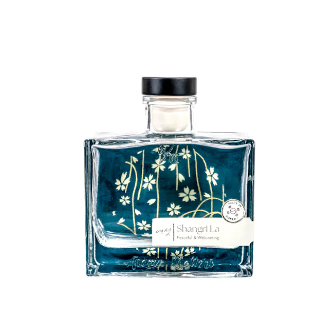 Aroma Matters Reed Diffuser - Shangri La (2 Sizes) - 1 - Shangri La, elegant design, blue glass bottle, floral pattern