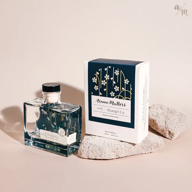 Aroma Matters Reed Diffuser - Shangri La (2 Sizes) - 8 - Aqua blue glass bottle, "Aroma Matters" by Shangri La, "Peaceful &