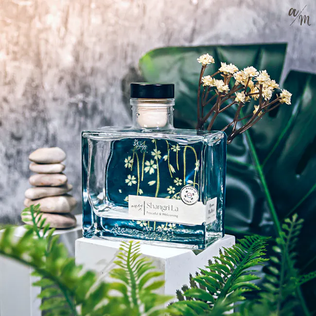 Aroma Matters Reed Diffuser - Shangri La (2 Sizes) - 4 - clear glass bottle, blue liquid, Shangri-La fragrance, white flower